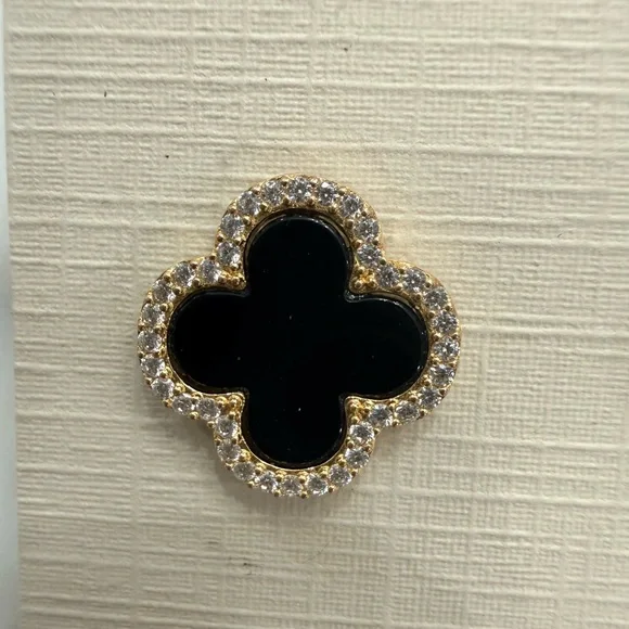 NWT Rachel Zoe Black and Sterling Silver Rhinestone Clover Earrings 925 - Picture 2 of 3